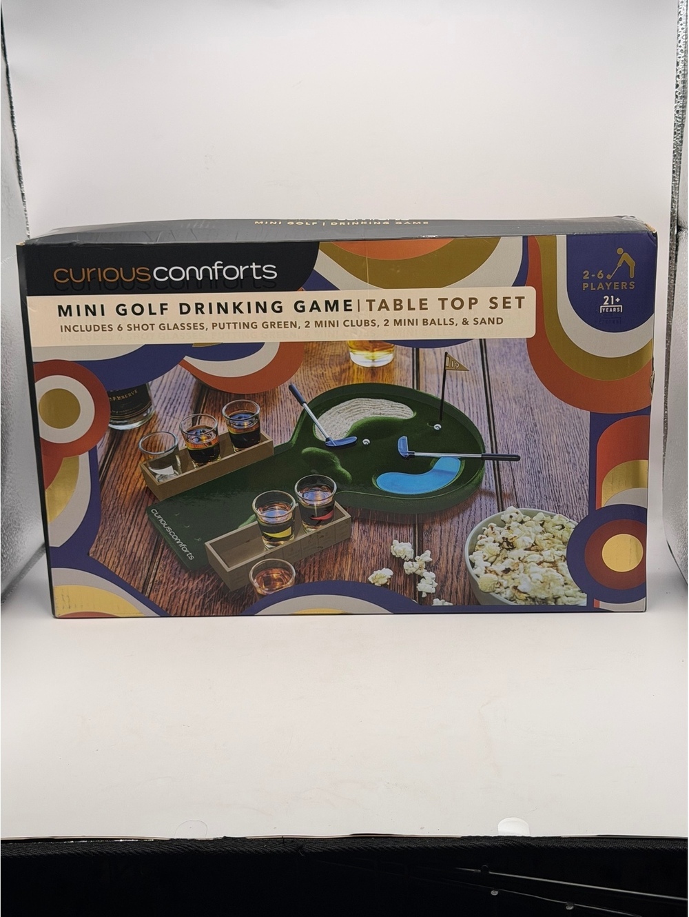 Curious Comforts Mini Golf Drinking Game Table Top Set with 6 Shot Glasses, 2 P2